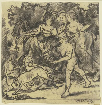 Zwei Edelfräulein und ein Knappe reiten auf die Jagd, dabei Bursche und Rüden by Вильгельм Трюбнер, 1870 — digital art…