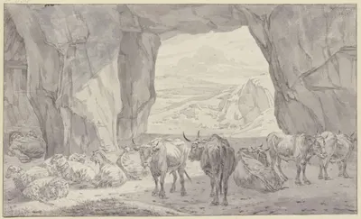 Fünf Ochsen, vier Schafe und zwei Ziegen bei dem schlafenden Hirten in einer Höhle by Willem Romeyn — digital art print…