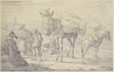 Zwei Esel und ein beladenes Maultier mit ihren Treibern by Виллем Ромейн, 1694 — digital art print download
