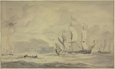 Ein Dreimaster nach rechts segelnd, dahinter ein Ruderboot by Виллем ван де Вельде младший, 1691 — digital art print download
