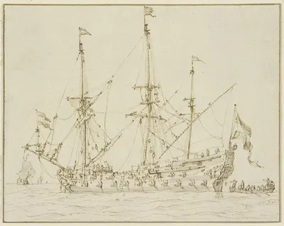 Ein Kriegsschiff mit herabgelassenen Segeln by Виллем ван де Вельде младший — digital art print download