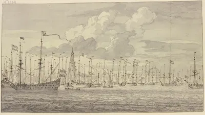 Eine in der Reihe liegende Flotte vor Amsterdam by Виллем ван де Вельде младший — digital art print download