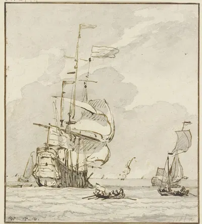 Großes Schiff von links nach hinten segelnd, vorne ein Ruderboot und mehrere andere Schiffe by Виллем ван де Вельде младший…