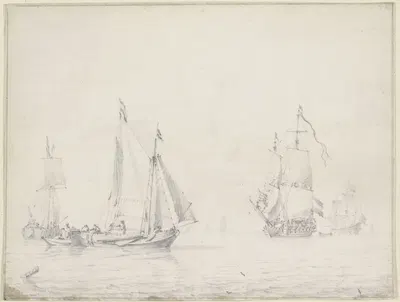 Links drei Barken, rechts zwei größere Schiffe unter vollen Segeln by Willem van de Velde the Younger — digital art print…