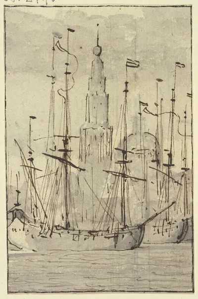 Schiffe, vor einer Kirche liegend by Виллем ван де Вельде младший — digital art print download
