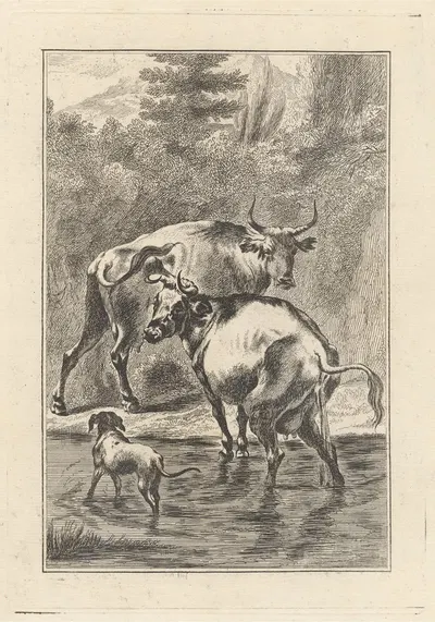 Two cows and a dog in a stream by George Bickham the Younger — digital art print download