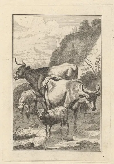 Two cows and two sheep in a stream by George Bickham the Younger — digital art print download