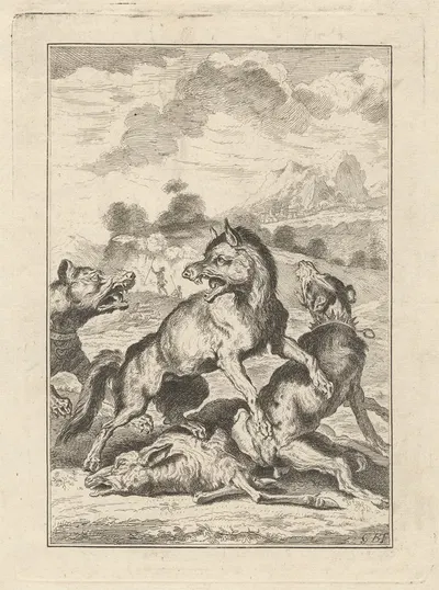 Two hunting dogs, a wolf and a sheep by George Bickham the Younger — digital art print download