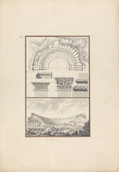 Top Panel: Plan, Column Details: Bottom Panel: View of a Ruined Theater, Probably that at Miletus by Giovanni Battista…