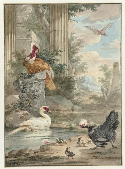 Turkey and Other Birds near Classical Ruins in a Park by Аерт Шоуман — digital art print download
