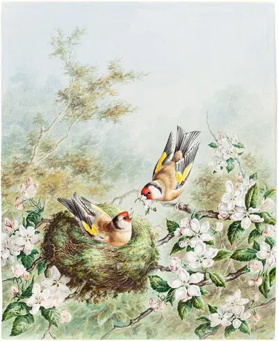 Gold Finches and Their Nest in an Apple Tree by Harry Bright, 1878 — digital art print download