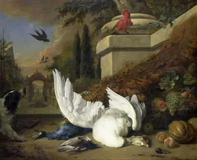 A Dog with a dead Goose and Peacock (A Study of Game and Fruit) by Ян Вейникс, c. 1700 — digital art print download
