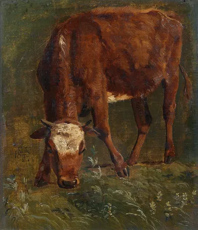 Grazing red heifer. Study by Йохан Томас Лундбю, 1843 — digital art print download
