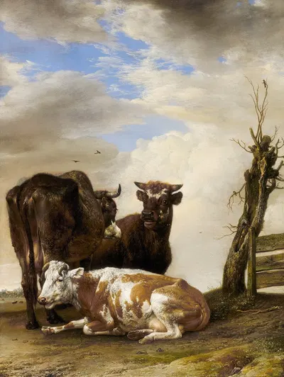 Two Cows and a Young Bull beside a Fence in a Meadow by Паулус Поттер, 1647 — digital art print download