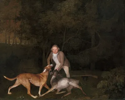 Freeman, the Earl of Clarendon's gamekeeper, with a dying doe and hound by George Stubbs, 1800 — digital art print download