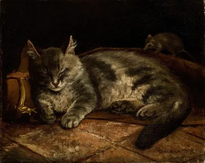 Sleeping Grey Cat And A Rat by Адольф фон Беккер, 1864 — digital art print download