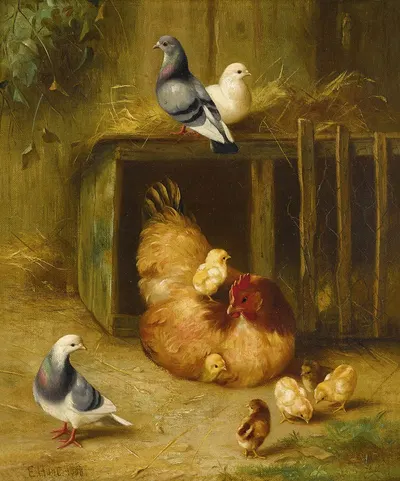 Pigeons And Chicks With Mother Hen by Edgar Hunt — digital art print download