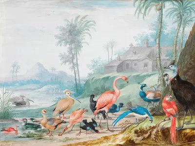 A Group Of Exotic Birds In A Landscape Beneath Palm Trees, A Building And Mountains Beyond by Johannes van Bronckhorst —…