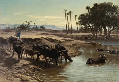 Buffaloes Bathing In The Nile by Леон-Адольф-Огюст Белли, 1861 — digital art print download