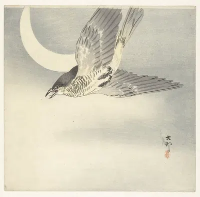 Cuckoo at crescent moon by Ohara Koson, 1900 - 1930 — digital art print download