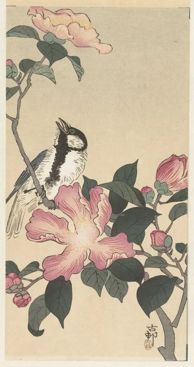 Great tit on branch with pink flowers by Ohara Koson, 1900 - 1930 — digital art print download