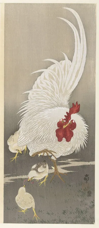 Rooster and three chicks by Ohara Koson, 1900 - 1910 — digital art print download