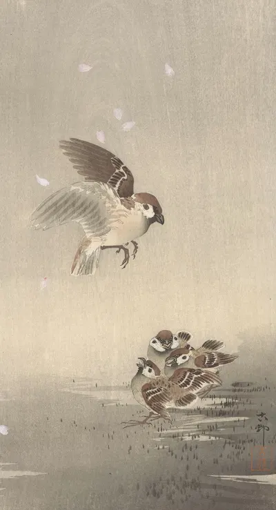 Tree sparrow with young by Ohara Koson, 1900 - 1936 — digital art print download