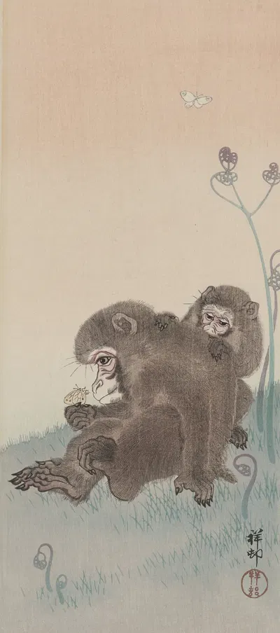 Two monkeys with butterfly by Ohara Koson, 1900 - 1945 — digital art print download