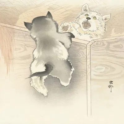 Two playing dogs by Ohara Koson, 1900 - 1930 — digital art print download