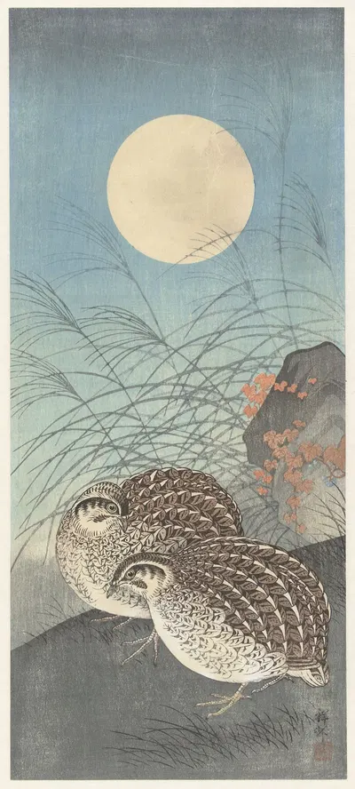 Two quail at full moon by Ohara Koson, 1900 - 1936 — digital art print download