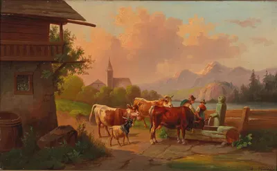 Kühe mit Hirte und Hirtin an der Tränke by Adolf Nowey — digital art print download