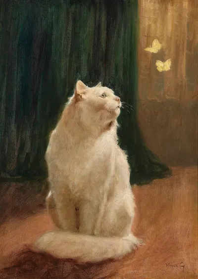 Weiße Katze und zwei Zitronenfalter by Arthur Heyer — digital art print download