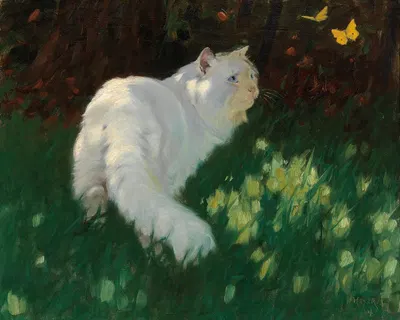 White Cat and Butterflies by Arthur Heyer — digital art print download