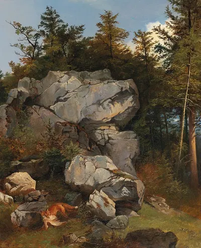 Burde Fuchs mit Beute in felsiger Landschaft by Carl Borromäus Andreas Ruthart, 1858 — digital art print download