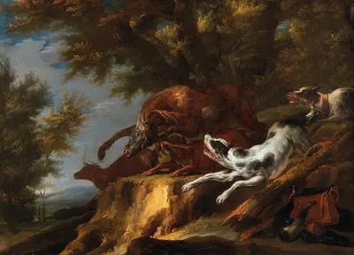 Hounds chasing a stag by Карл Борромео Андреас Рутарт — digital art print download