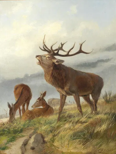 Röhrender Hirsch mit Hirschkühen by Карл Фридрих Дейкер — digital art print download