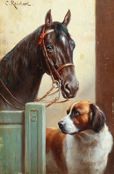Friends, a bay and a St Bernard in a stable by Carl Reichert — digital art print download