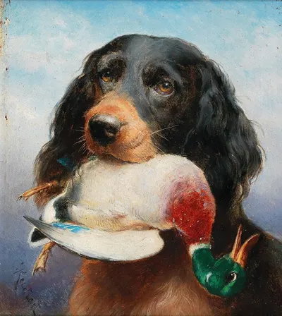 Gordon Setter with Mallard Duck by Carl Reichert — digital art print download