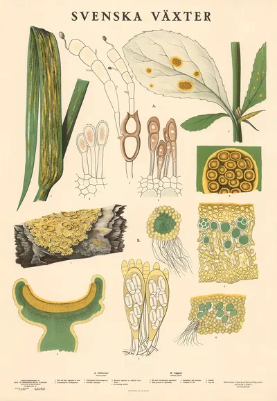 A. Sädesrost (Puccinia graminis), B. Vägglav (Xanthoria parietina) by Max Richter, 1939 — digital art print download