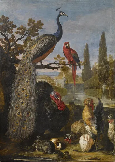 Een pauw, een papegaai, kalkoenen, hanen, konijnen en een cavia in een park by David de Coninck — digital art print download