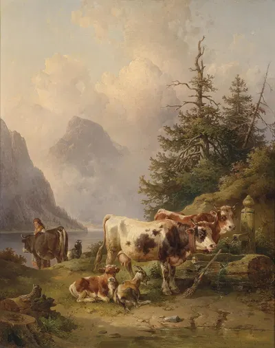 Viehherde mit Hirtin am Seeufer by Edmund Mahlknecht — digital art print download
