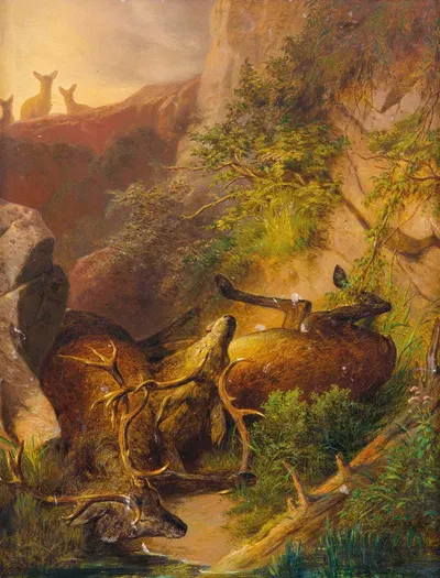 Zwei in der Brunftzeit abgestürzte Hirsche im Hochgebirge by Франц Ксавер фон Паузингер, 1874 — digital art print download