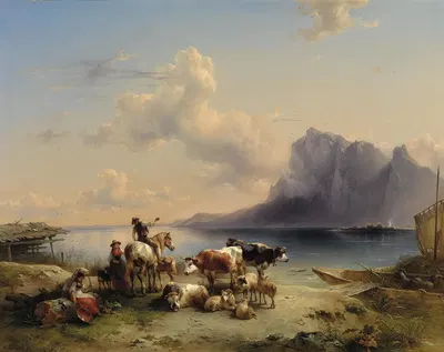 Hirten und Vieh am Attersee by Фридрих Август Маттиас Гаурманн, 1852 — digital art print download