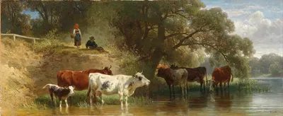 Weidende Kühe am Fluss mit Hirten by Фридрих Вольц, 1874 — digital art print download