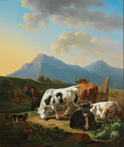 Bauer mit Stier und Kühen by Johann Baptist Dallinger von Dalling, 1836 — digital art print download
