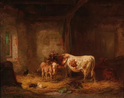 Cows and Rabbits in the Barn by Louis Reinhardt — digital art print download
