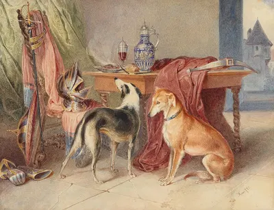 An interior with greyhounds and a still-life with pieces of armour by Johann Matthias Ranftl — digital art print download