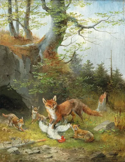 Young fox family with prey by Мориц Мюллер — digital art print download