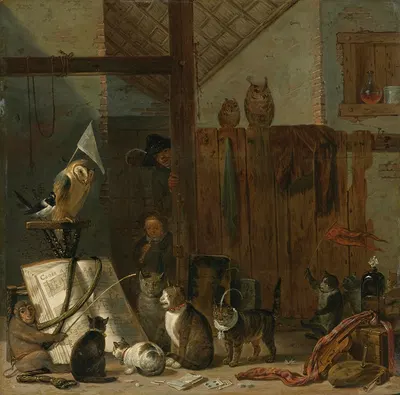 A Concert Of Cats, Owls, A Magpie, And A Monkey In A Barn by Cornelis Saftleven — digital art print download