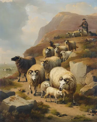 A Shepherd And His Flock by Южен Жозеф Вербокховен, 1871 — digital art print download